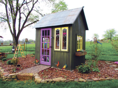 dark green shed with purple door and yellow windows